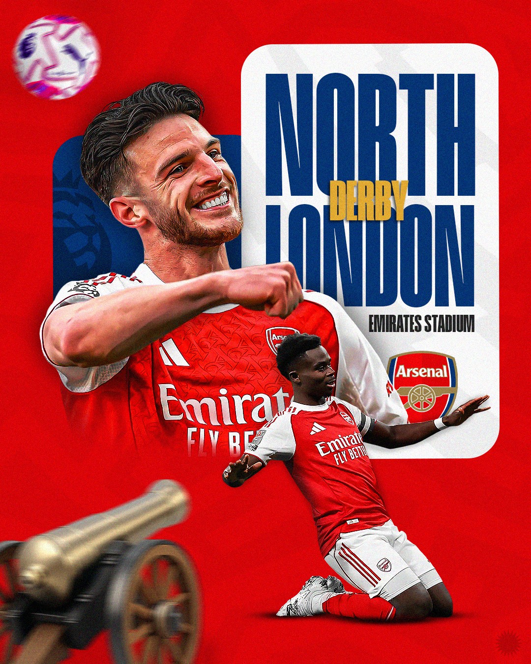 North London Derby matchday graphic — Declan Rice and Bukayo Saka in Arsenal red